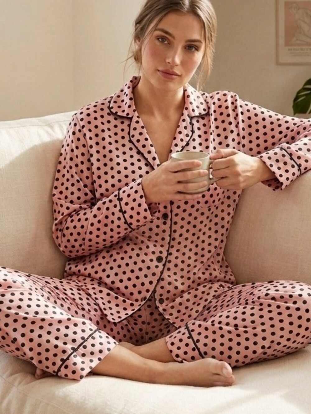 Tahari Pink Black Polka Dot Satin Pajama Set Pjs Button Down Long Sleeve Medium